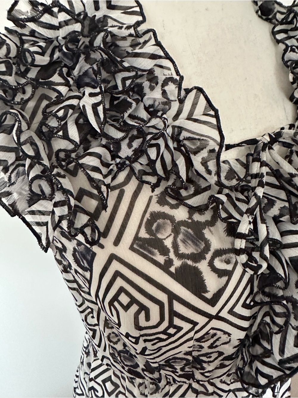 Lapis Black White Geometric Ruffle Midi Dress Sleeveless Tiered Flare Small - Picture 3 of 12
